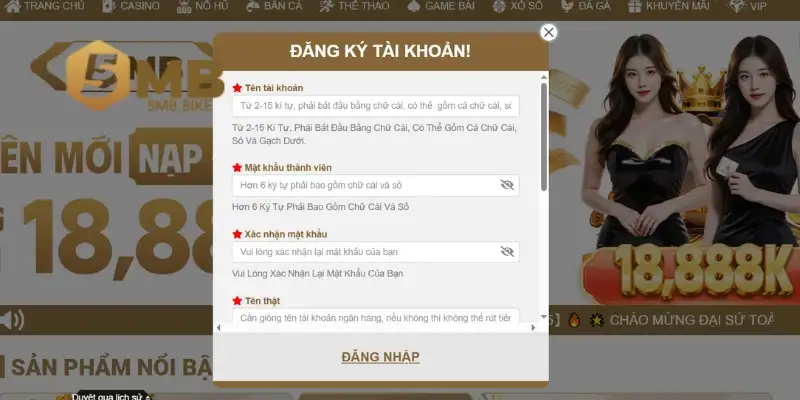 Thao tác đăng ký tài khoản chính thức tại 5Mb an toàn